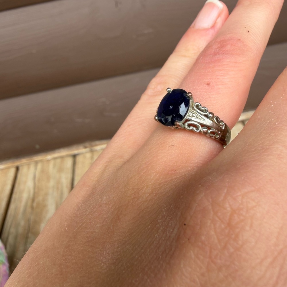 Vintage Filigree Ring Womens‎ Size 7 Silver Tone Blue Oval Stone Statement Ring - Picture 2 of 7